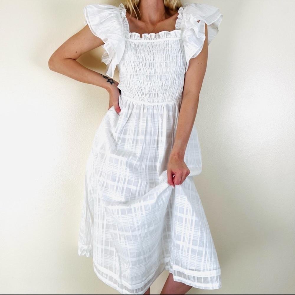 Banana Republic‎ White Smocked Ruffle Off Shoulder Cotton Midi Dress Size S